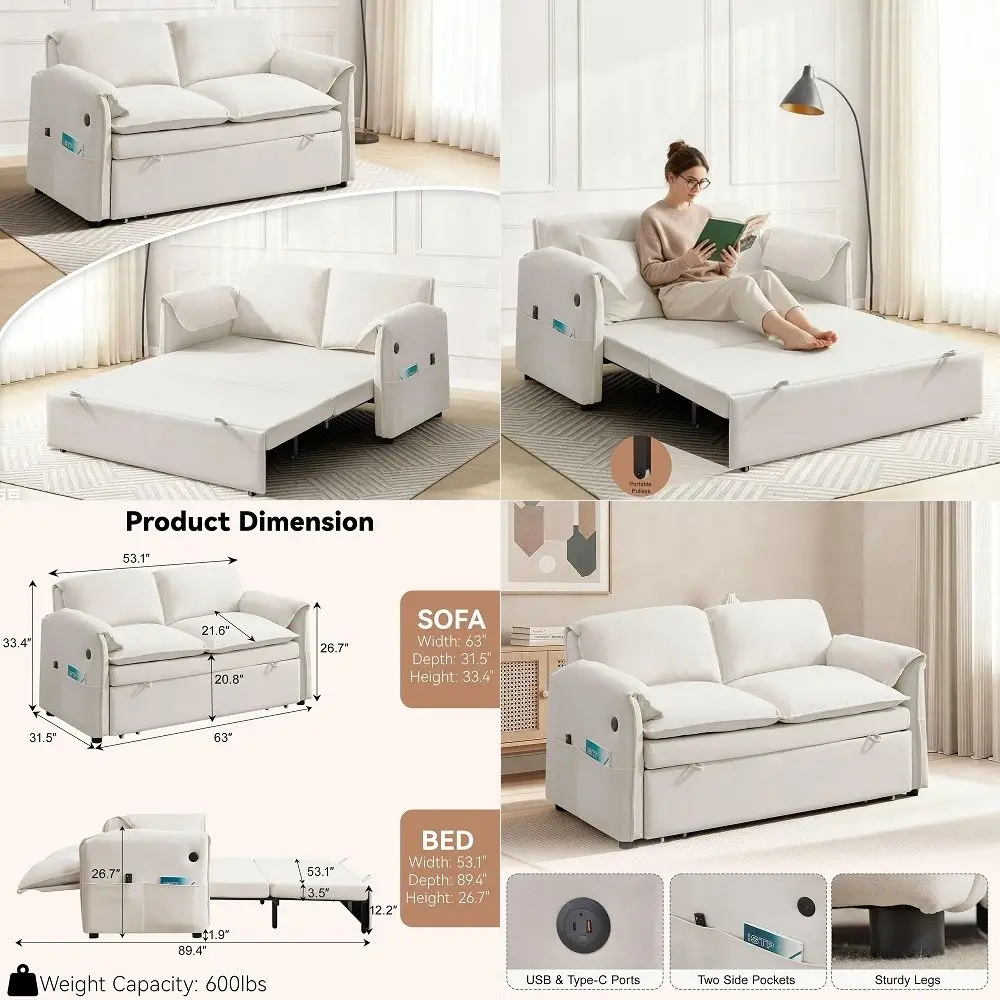 

Velvet 3 in 1 Convertible Sleeper Sofa Bed, Pull Out Couch Bed Loveseat with Adjustable Backrest, Chaise Lounge, USB Port amp S