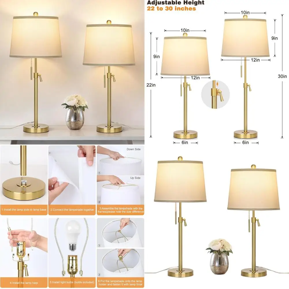 

2 Pack 22"-30" Adjustable Height Table Lamps Set, Modern Gold Table Lamps with White Shade 3 Colour Temperature Pull Chain Tall