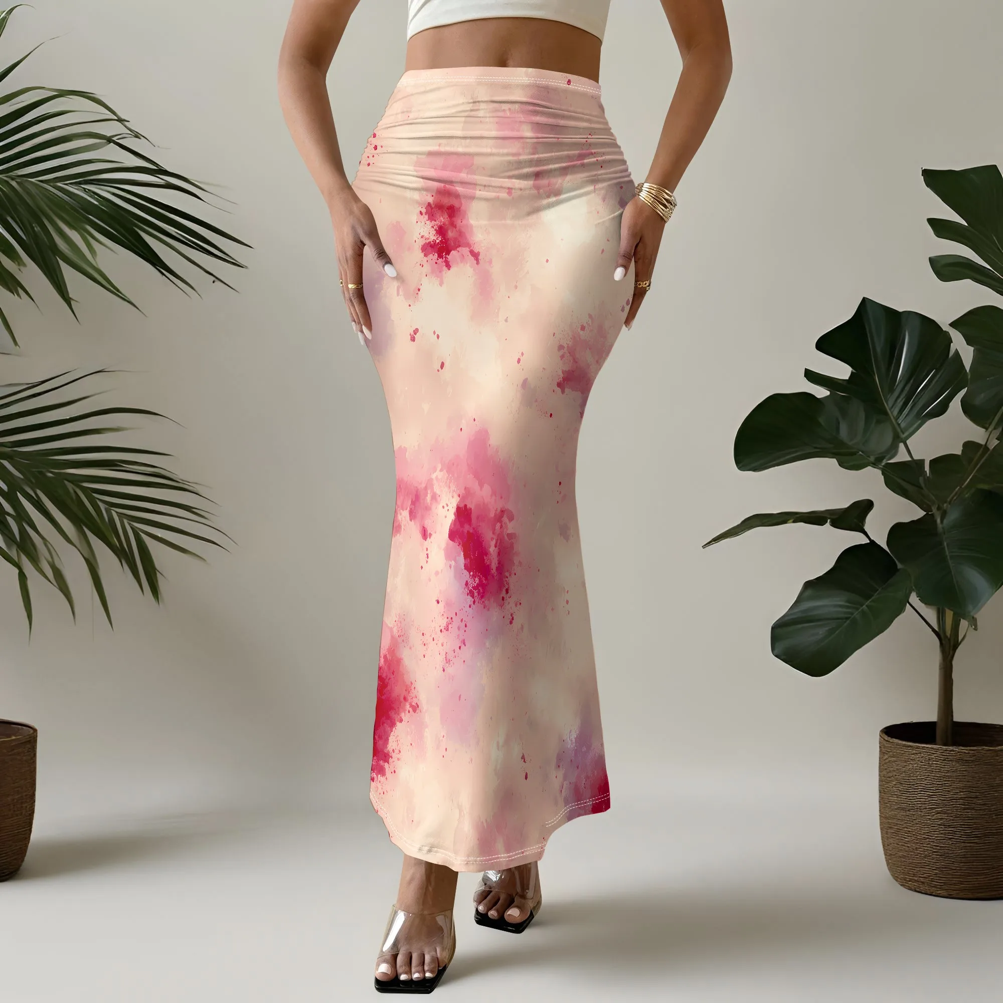 Tie Dye Mermaid Skirt, Pink Watercolor Print Maxi Skirt, High Waist Bodycon Skirt, Summer Beach Vacation Wear, S-3XL