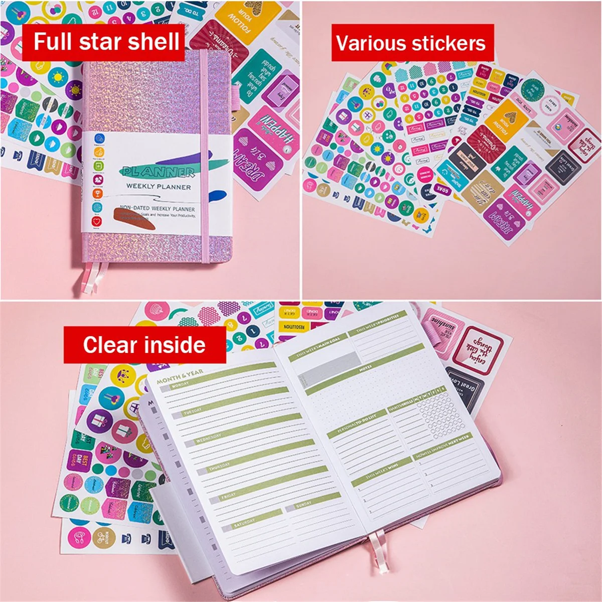 A5 Notebook Paper Diary Notebook with Elastic Strap and Journal Stickers