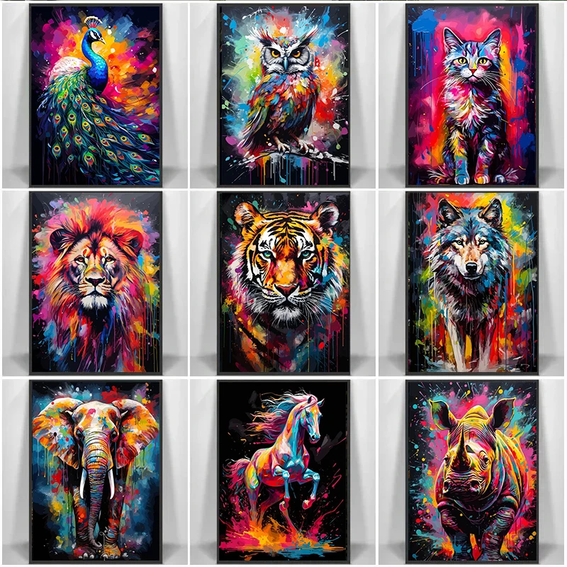

Watercolor Animals Wall Art Diamond Paintings Rhino Cat Owl Panda Lion Tiger Wild Animals Grafffiti Art Posters Prints Home De