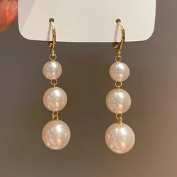 White Imitation Pearl Long Dangle Earrings for Women Golden Color Metal Hoop Earrings Wedding Party Fashion Elegant Jewelry Gift