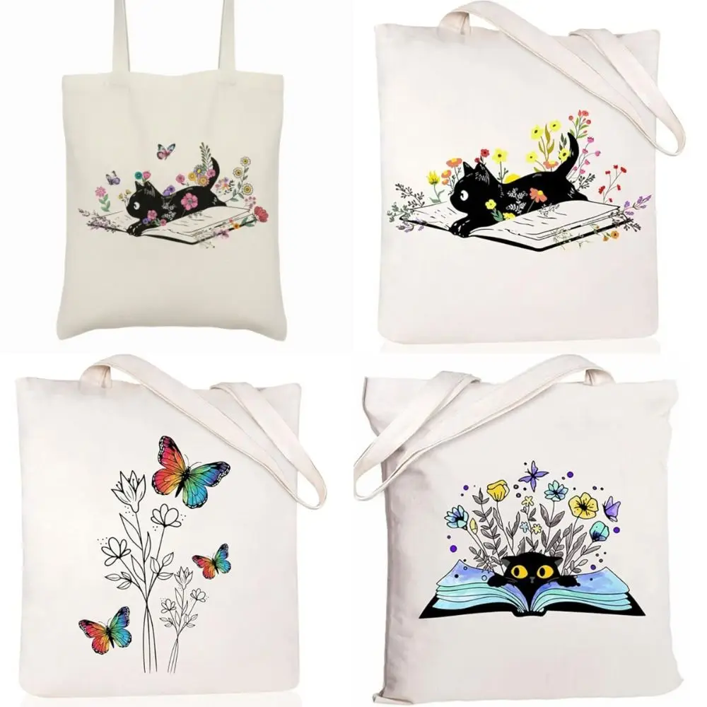 Animal Cat Pattern Canvas Bag Cartoon Cat Print Floral Literary Style Shoulder Bag Book Printed Pattern Multiple Design Handbag