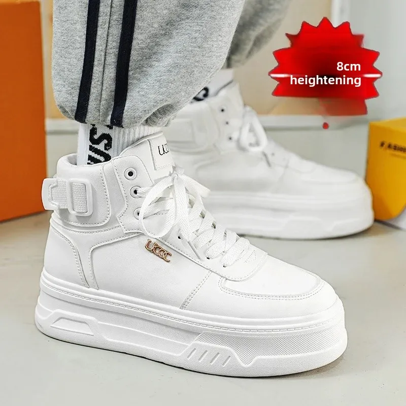 New Autumn/Winter Men's Casual Sneakers 12cm Increased Height 10cm Thick Sole White Shoes High Top Rubber Base Male Footwear