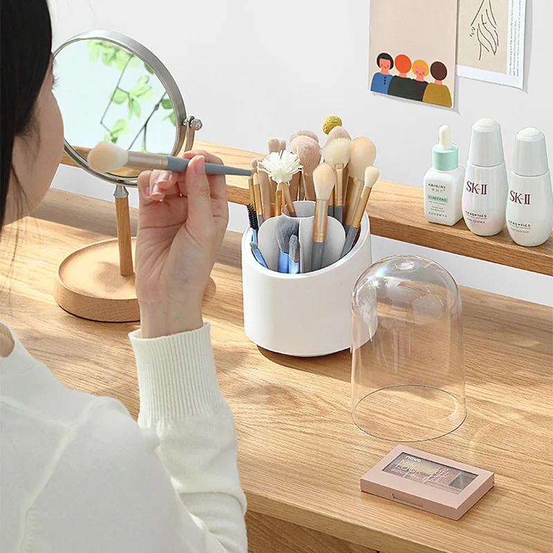 360° Rotating Makeup Brush Holder Large Capacity, Dustproof Cosmetic Storage Organizer, Multi-Compartment Desktop Pen Holder view 4