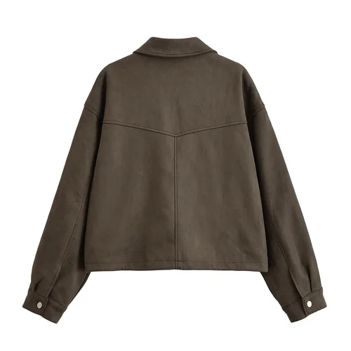 Imagen 2 del producto NERHEFZ, cazadora informal de gamuza para mujer, solapa holgada con cremallera, bolsillos de manga larga, abrigos para mujer, prendas de vestir para ir al trabajo de otoño 2025