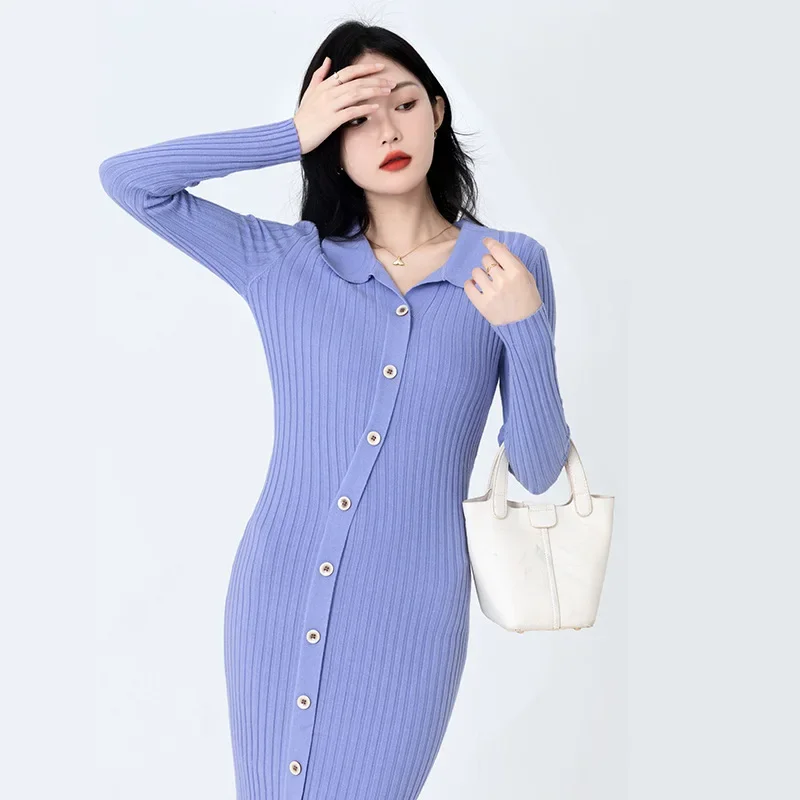 

Temperament Gentle Wind Lapel Knitted Dress Women's Slim Inner Take Hip Bottoming Sweater Dress Fall Winter