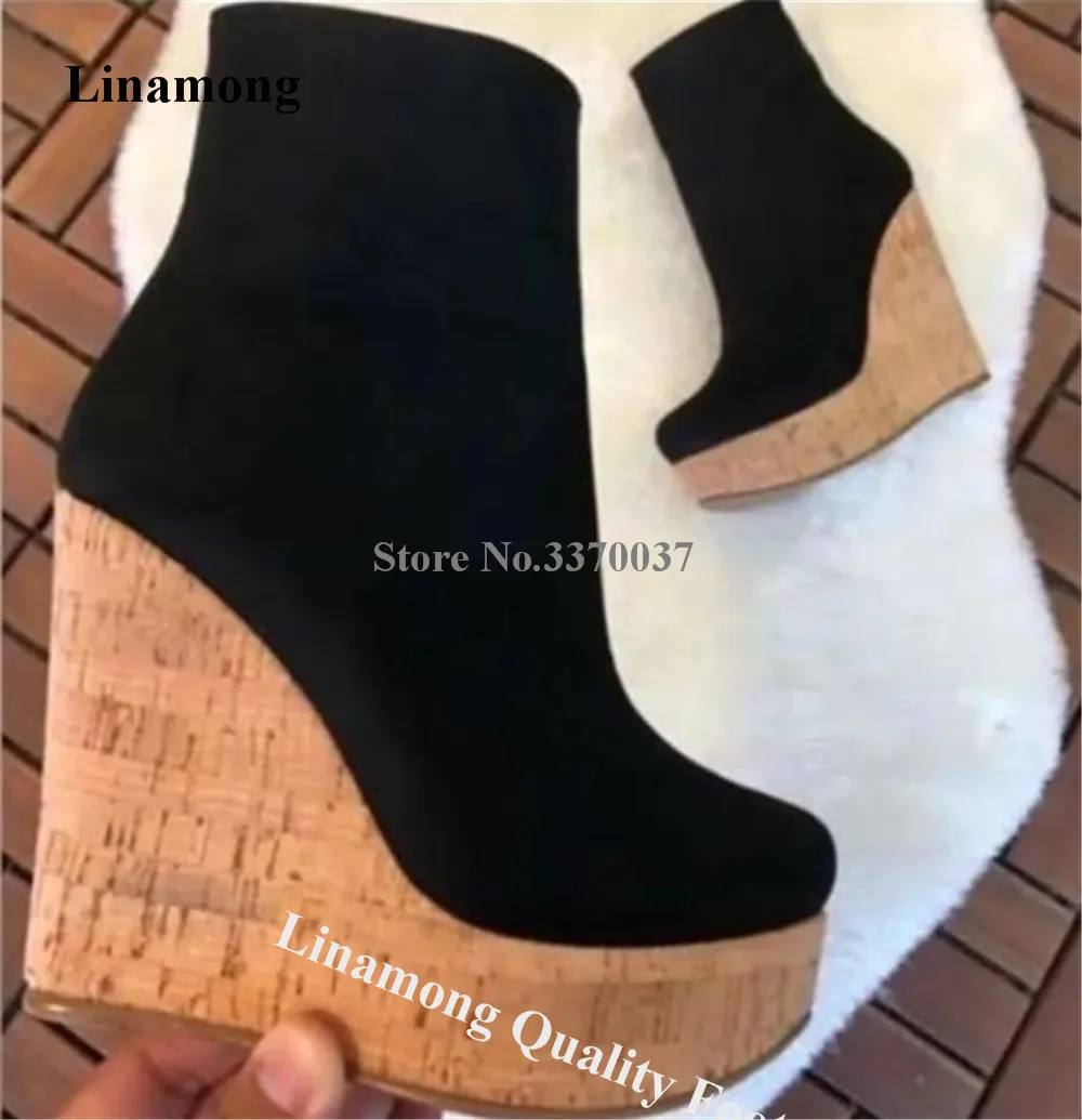 

Linamong Black Suede Wedge Short Boots Round Toe Pactchwork Wooden High Platform Wedge Ankle Booties Big Size Boots