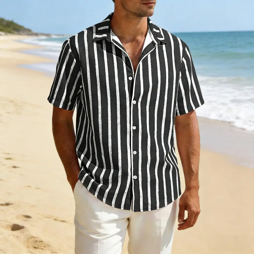 

Linen Blend Shirt for Men Men Turndown Collar Shirt Men's Striped Summer Shirt Short Sleeve Button-up Loose Fit for Beach