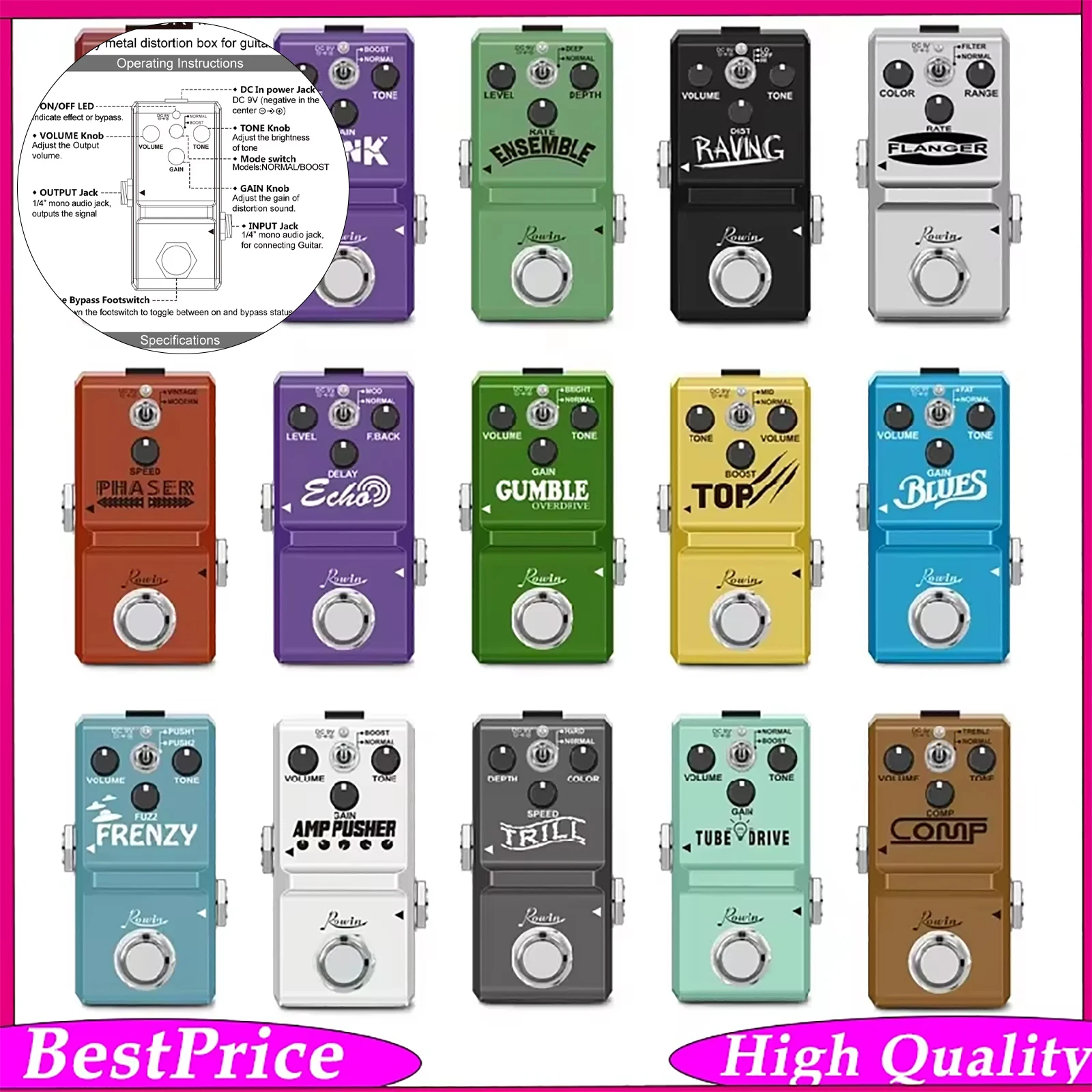 ROWIN Multiple Effector Guitar Effects Pedal Distortion Heavy Distortion Tones Wide Variety Multi Effects for Guitar Performance