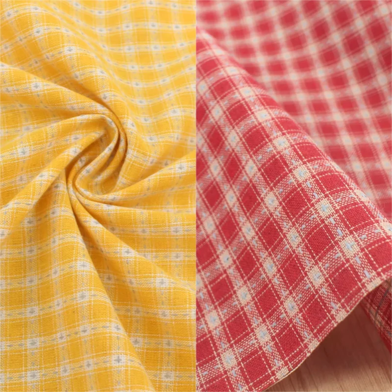 Jacquard Linen Look Gingham Fabric Stitch Embroidered Claret Ochre Vintage for Dresses Scrunchies Tablecloths DIY Sewing Fabrics
