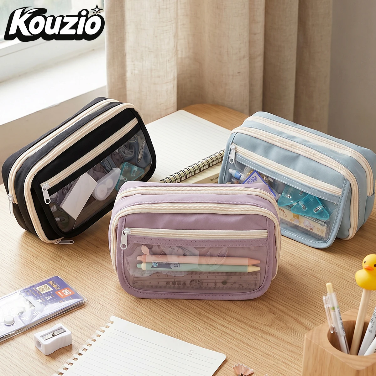 Oxford Cloth Pencil Case, Large Capacity Double Layer Pen Pouch, Clear Window Organizer Bag, Portable Storage Case - KOUZIO