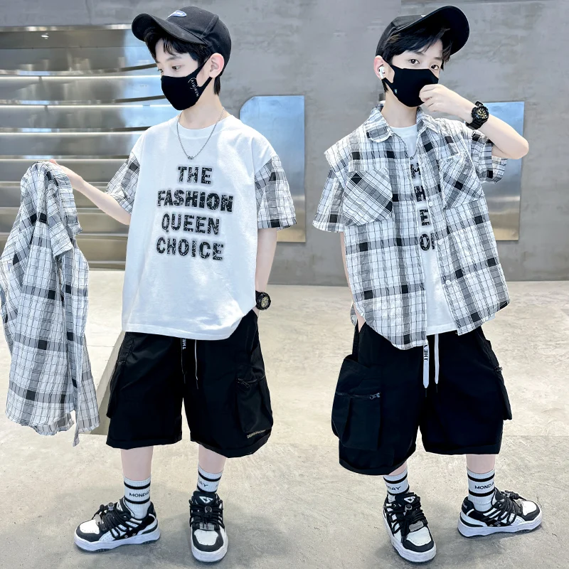 teenager boys clothes short sets Plaid shirt+cotton t-shirt+Cargo shorts 3pcs 4-13 Casual kids suit childer outfits conjunto