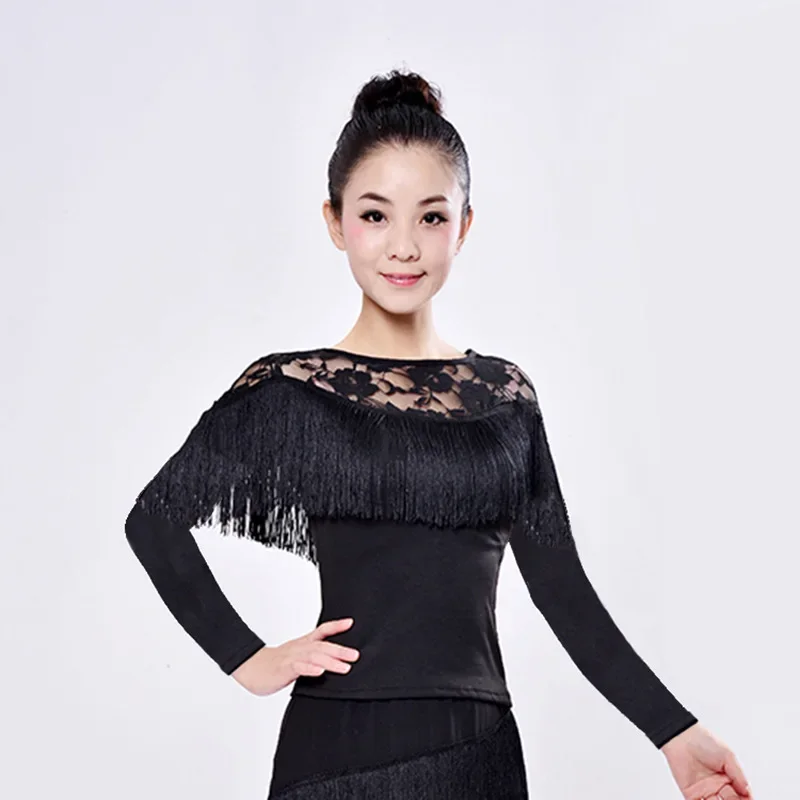 Duoduo Latin Dance Clothing Women\'s Adult Top Training Clothes Spring 2024 New Short Sleeved Lace Tassel Top Training Clothes