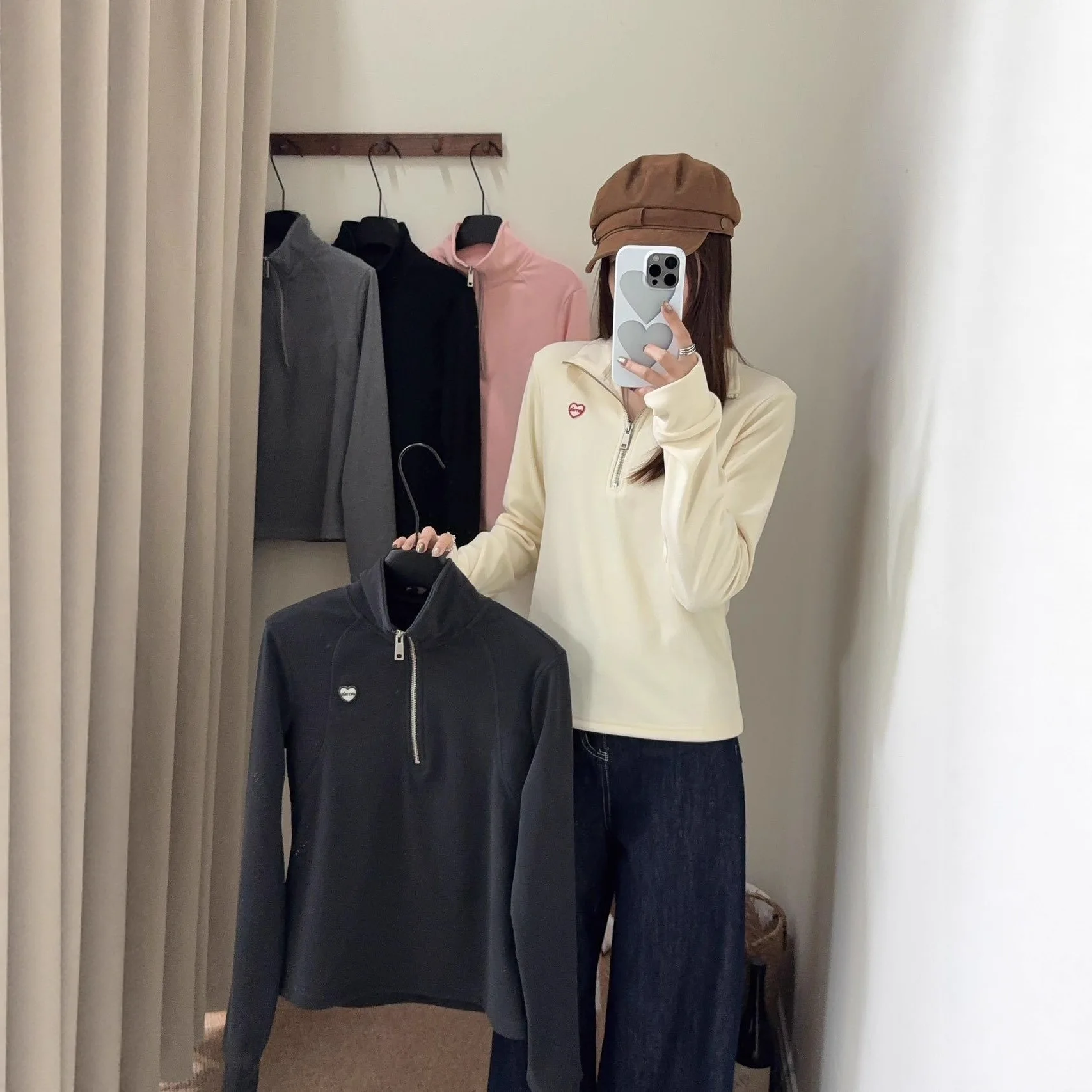 

Women's Comfortable Embroidered Fce T-irt f Zipper Stand Collar Versatile Base Layer Long Pants Low Waist Carbon Fiber