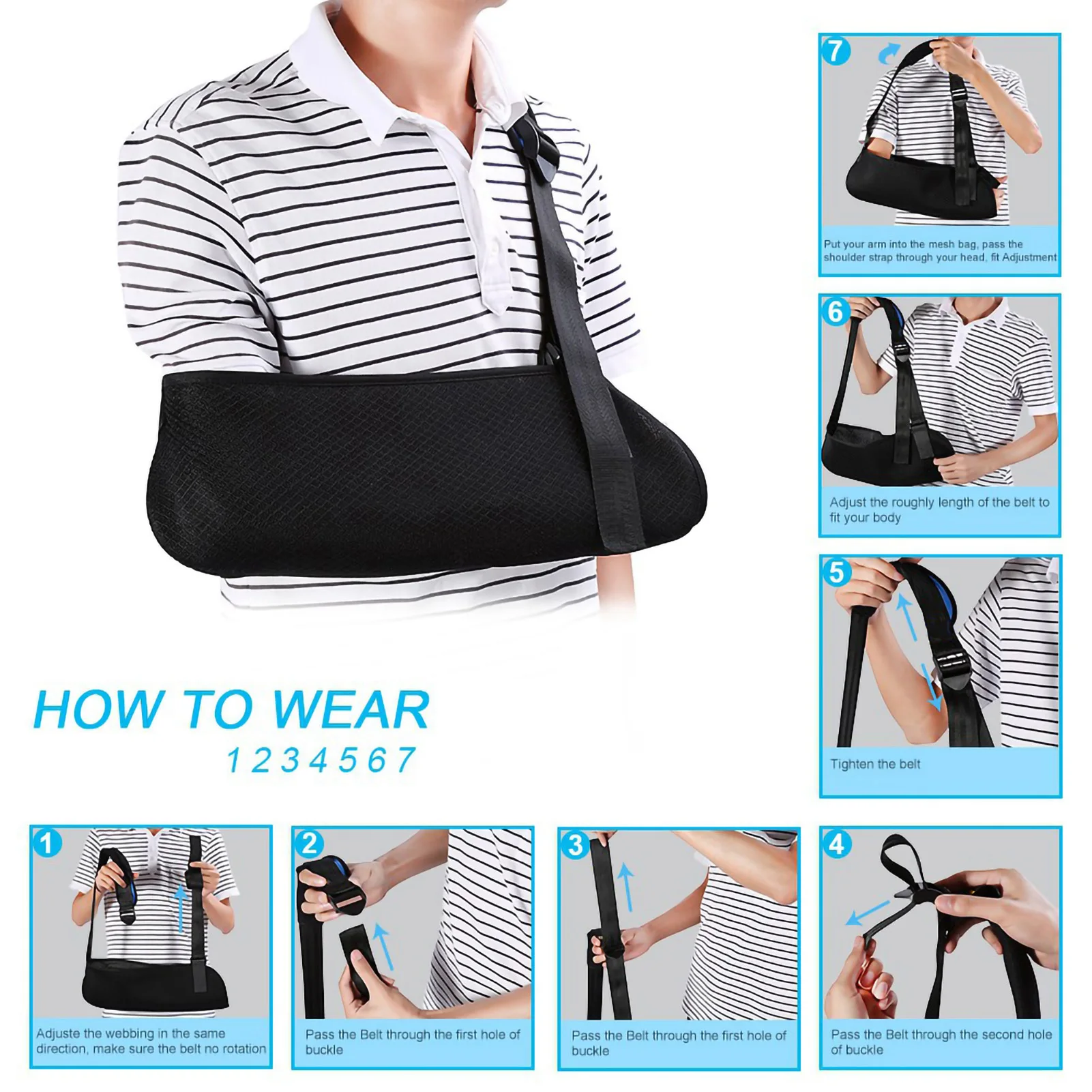 Correa de brazo ajustable para adultos, cabestrillo de brazo para adultos, Universal, negro, Unisex