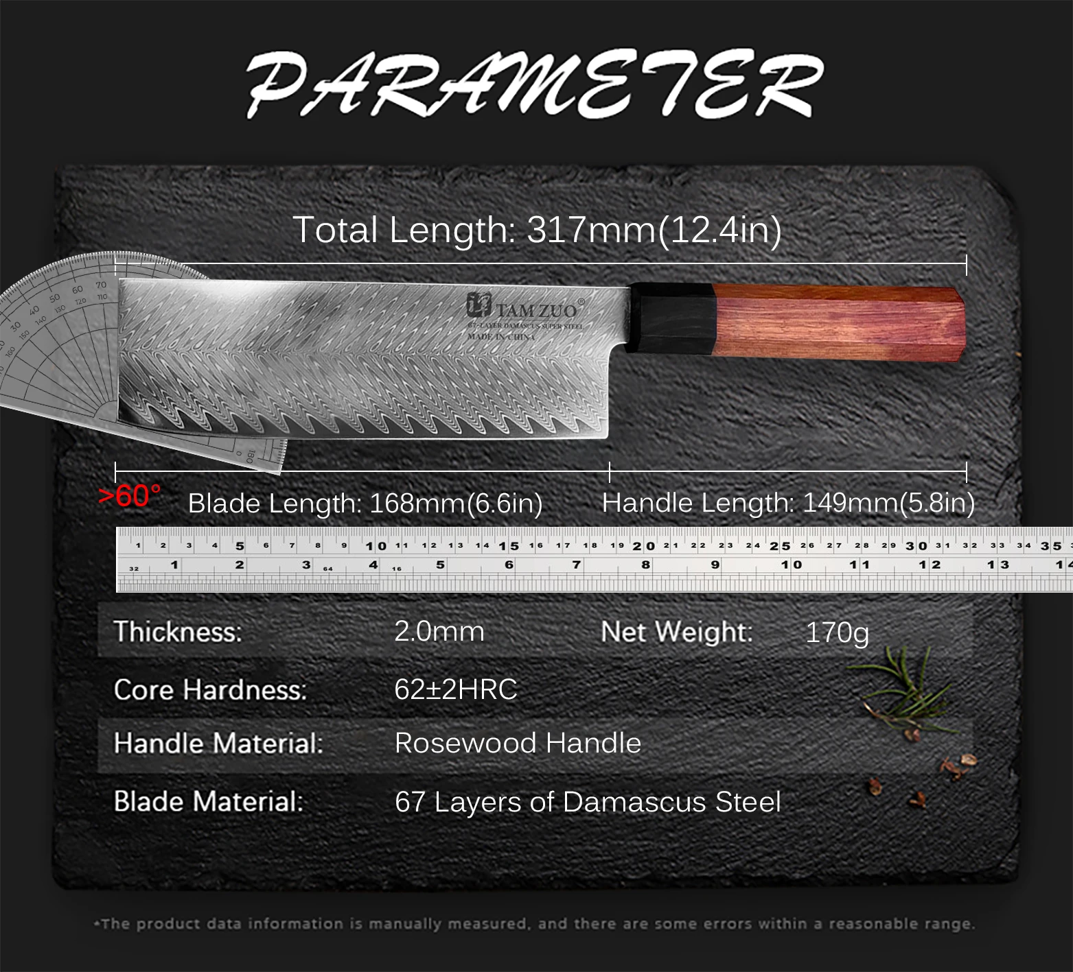 67 طبقة دمشق الصلب اليابانية تقطيع السوشي الساطور ساشيمي 62HRC صلابة عالية سكين المطبخ اللحوم الساطور مع صندوق هدية