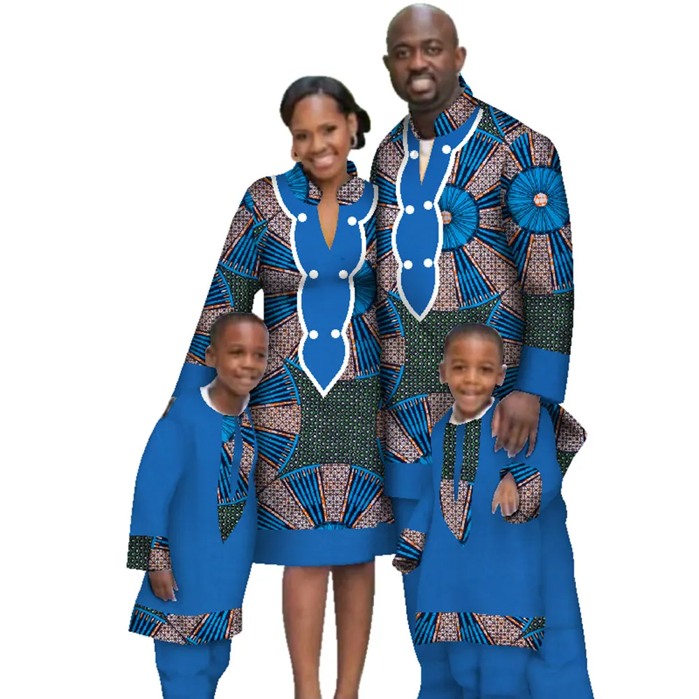 Casual Family Matching Clothes Father Mother Son Long Sleeve Men Top and Pants Sets Women Dress African Print Clothing WYQ117