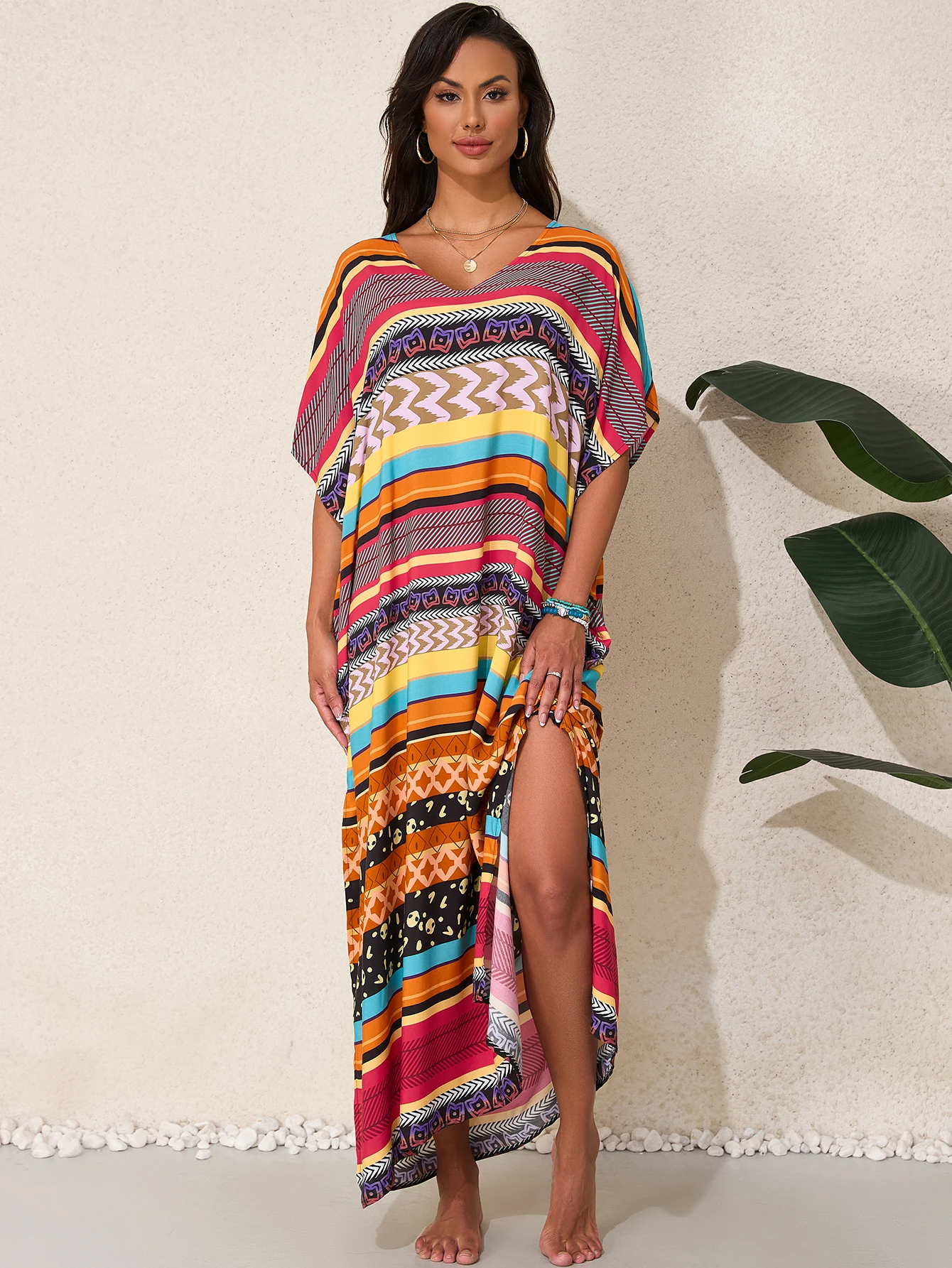 

Женское летнее пляжное этническое хлопковое платье с v-образным вырезом и боковыми разрезами, курортное платье, накидка на бикини