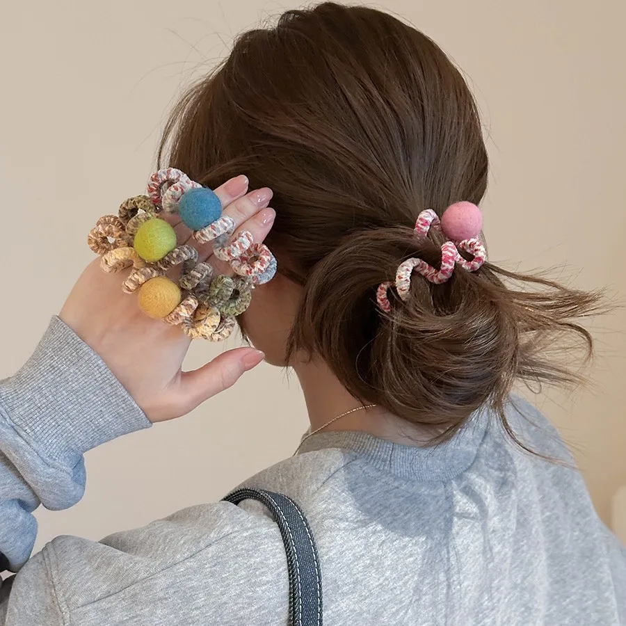 Colorful Telephone Wire Elastic Rubber Bands Wool Spiral Hair Ties Ropes Women Girls Plush Ball Ponytail Holder Hair Accessories