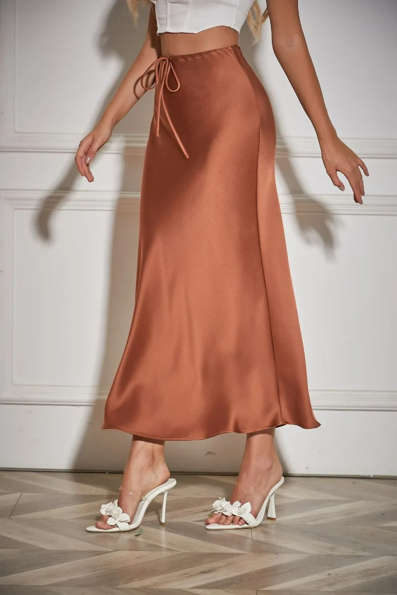 2026 Spring Summer Solid Color Satin Long Skirt For Women High Waist Lace-Up Fashion Elegant Faldas Light Luxury Women's Skirt
