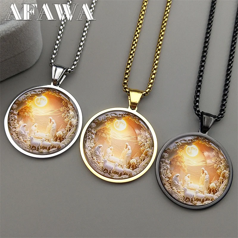 

Nativity Virgin Mary Jesus Glass Medal Pendant Necklace for Women Men Stainless Steel Gold Color Christian Amulet Chain Jewelry