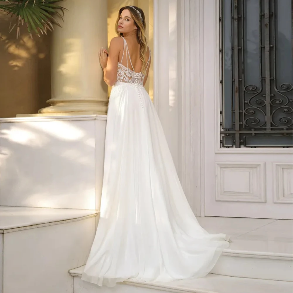 Robe de mariée de plage personnalisée pour les mariées, mousseline de soie romantique, col en V, train de balayage, bretelles spaghetti, patients, quelle que soit la haute qualité, 2024