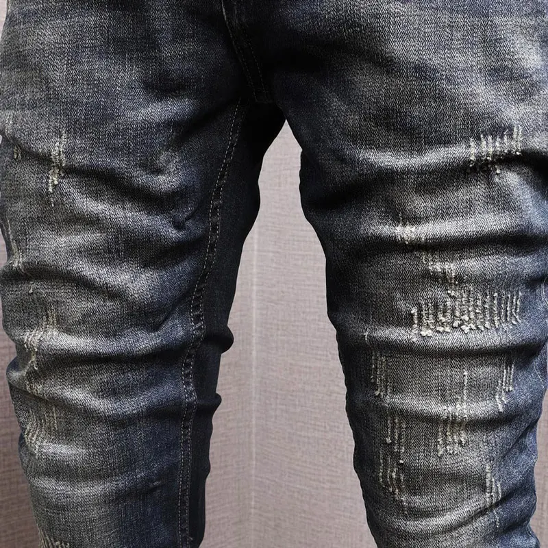 Newly Designer Fashion Men Jeans High Quality Retro Washed Blue Stretch Slim Fit Ripped Jeans Men Y2K Vintage Denim Pants Hombre