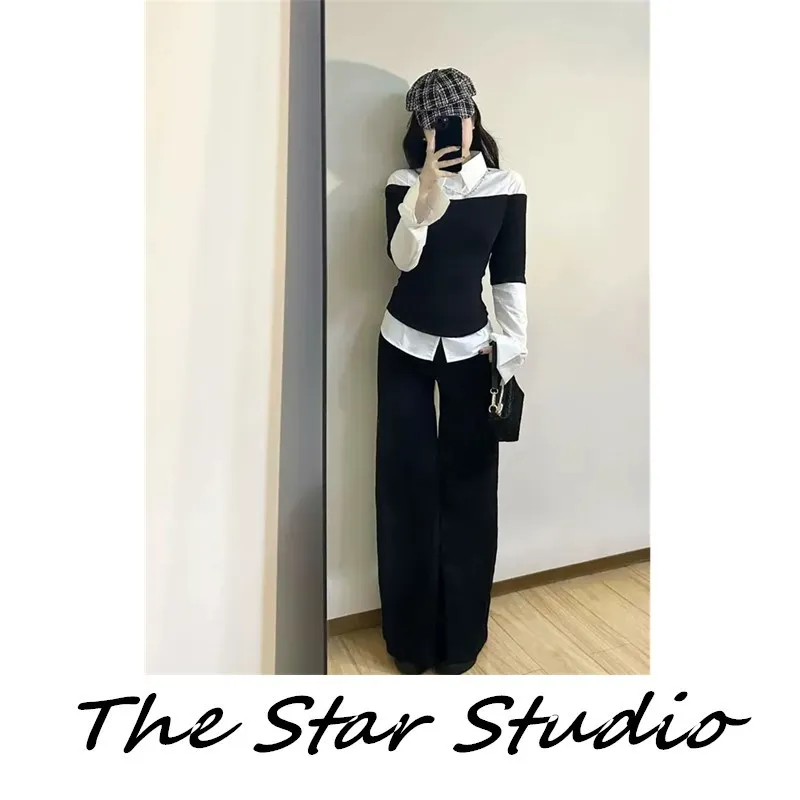 Retro Black White Knitted Short Sleeve Shirt Women's Autumn Commute High-End Feeling Base Layer Fake Two-Piece Style