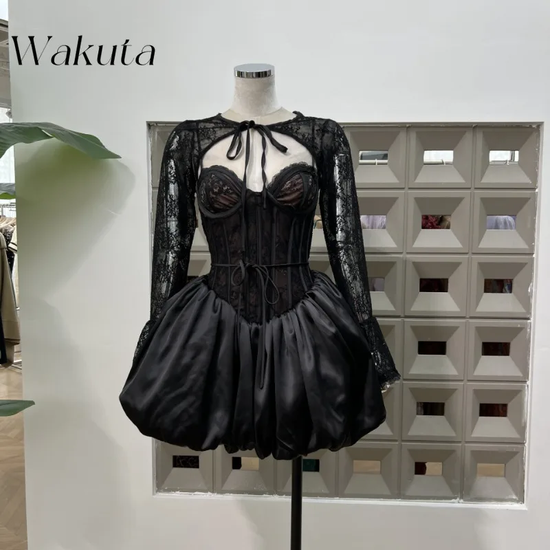 

WAKUTA Vintage Fishbone Slim Fit Lace Camisole Patchwork Puffy Pumpkin Dress Lace Long Sleeve Small Shawl 2-piece Set Y2k 니트 스커트