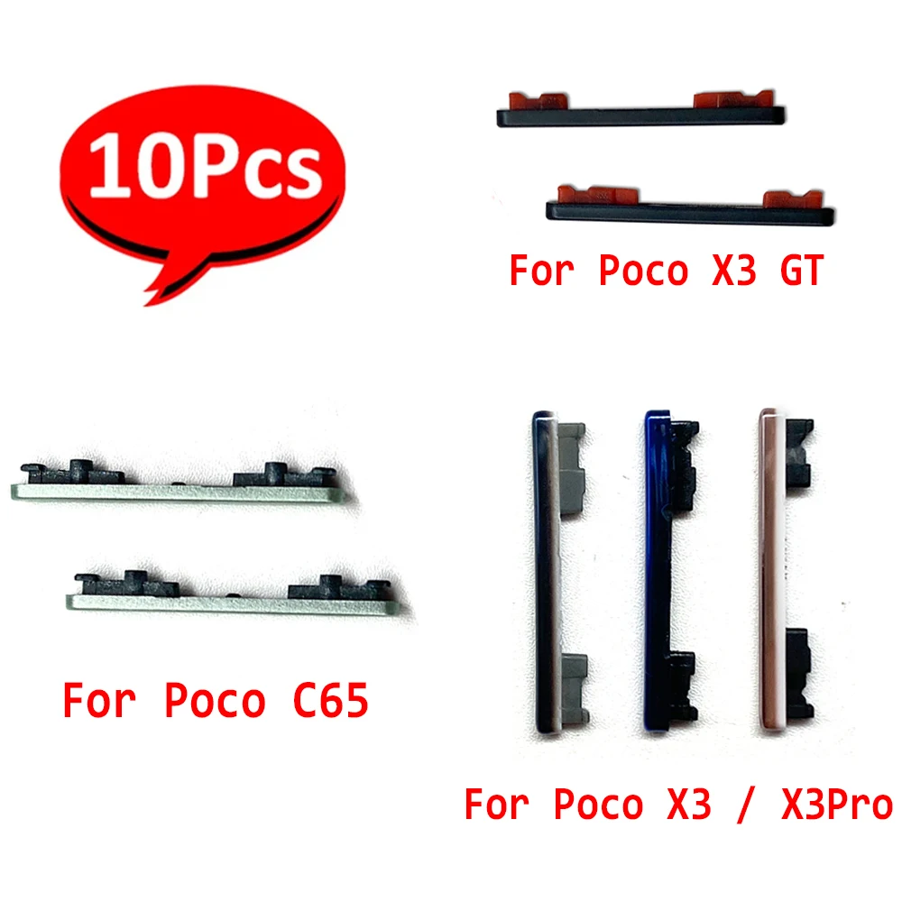 10Pcs，Side Volume Button + Power ON / OFF Buttton Key Set Replacement Part For Xiaomi Poco C65 X3 X3 Pro X3 GT