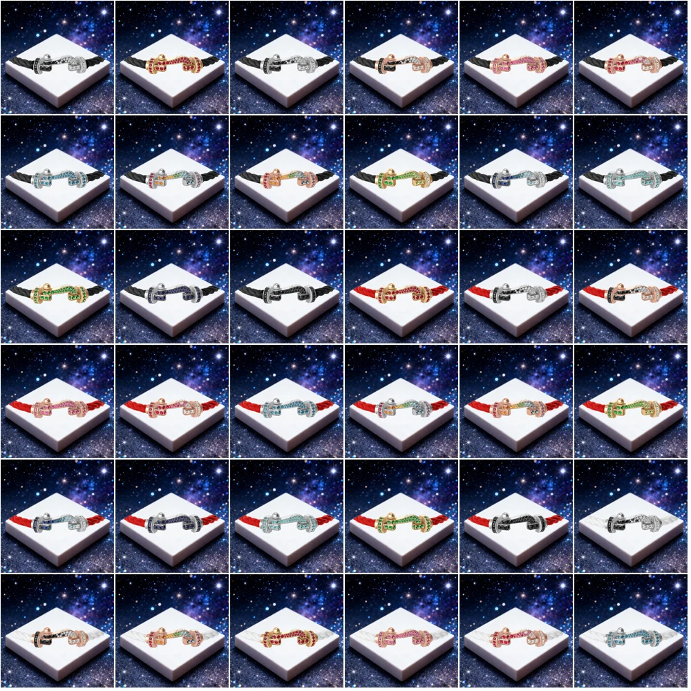 

KUXM New 925 Silver Colorful Double Row Zircon Large Size U-shaped Black Red Nylon Bracelet Party Gifts Luxurious Couple Jewelry