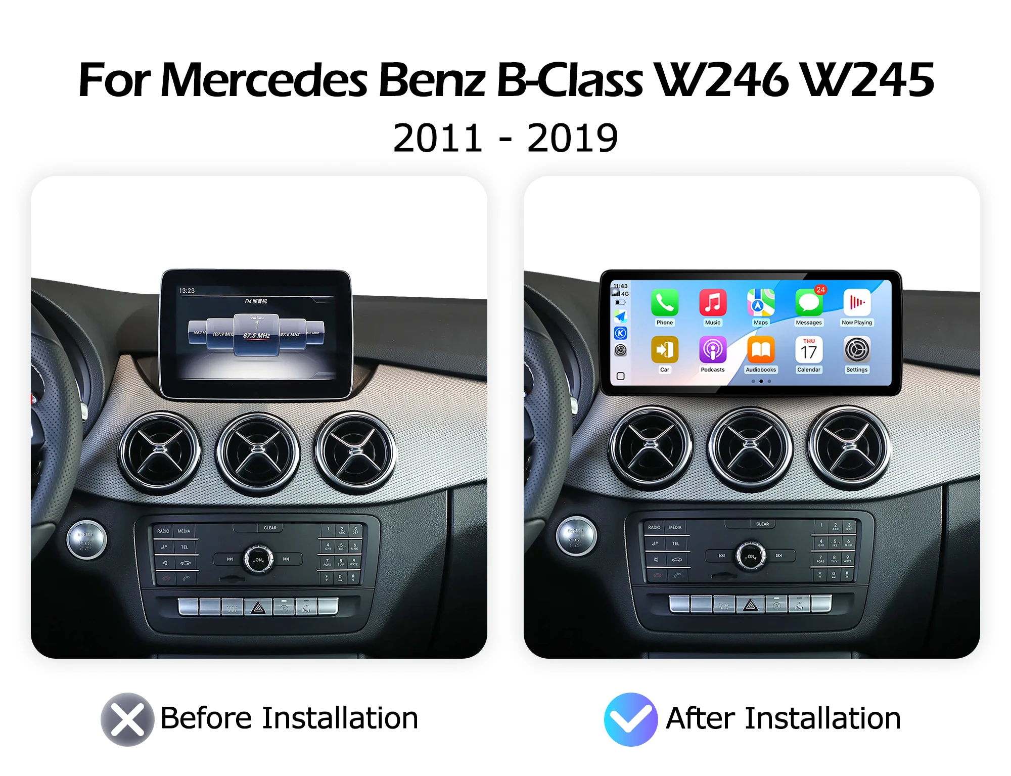 Android Auto For Mercedes Benz B-Class W246 W245 2011-2019 2400*900P Wireless Carplay Multimedia Player Bluetooth GPS Navigation