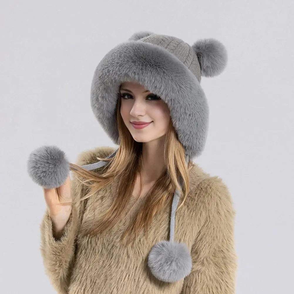 Fur Ball Decoration Hat Warm Stylish Winter Ladies Hat with Fluffy Plush Heat Retention Ball Decor Ear for Outdoor