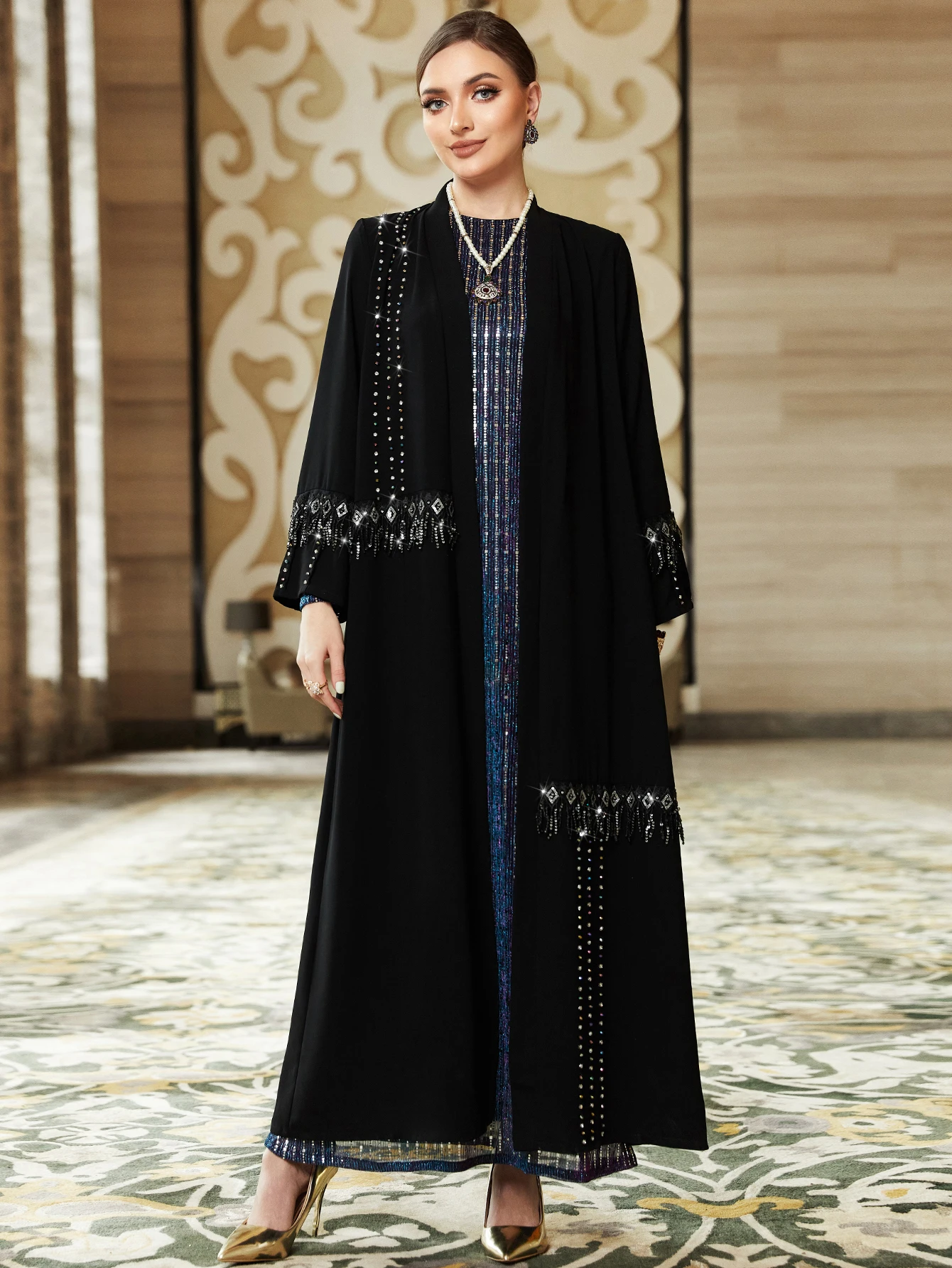 

Eid Jalabiya Caftan Abaya для женщин, мусульманское женское платье, арабские алмазные Abayas, длинные платья, женское платье с бахромой Рамадан, платья