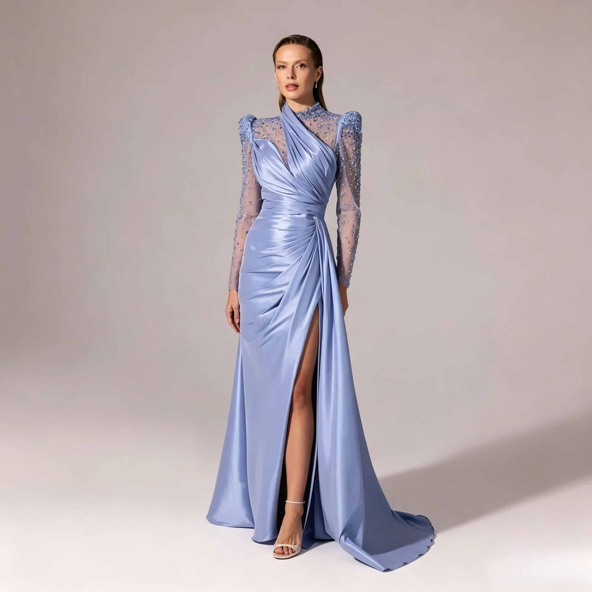 Customized Elegant Periwinkle Mermaid Gala Dress Featuring Stand High Collar Full Sheer Mesh Long Sleeves All Over Tiny Sequins