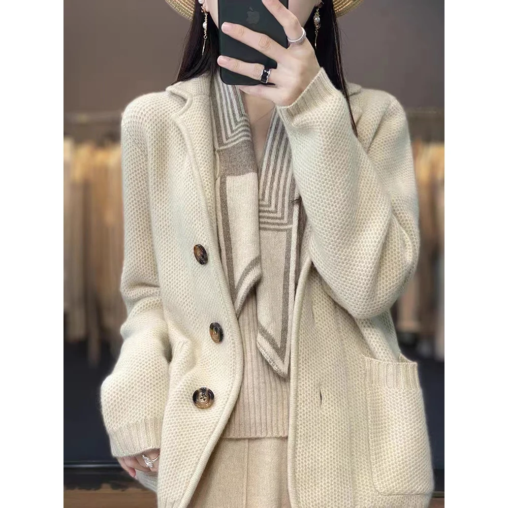 

Women's Loose Knitted Coat, Heavy Suit Collar, 100% Cashmere, Wool, Slim, French, Autumn, Winter, New