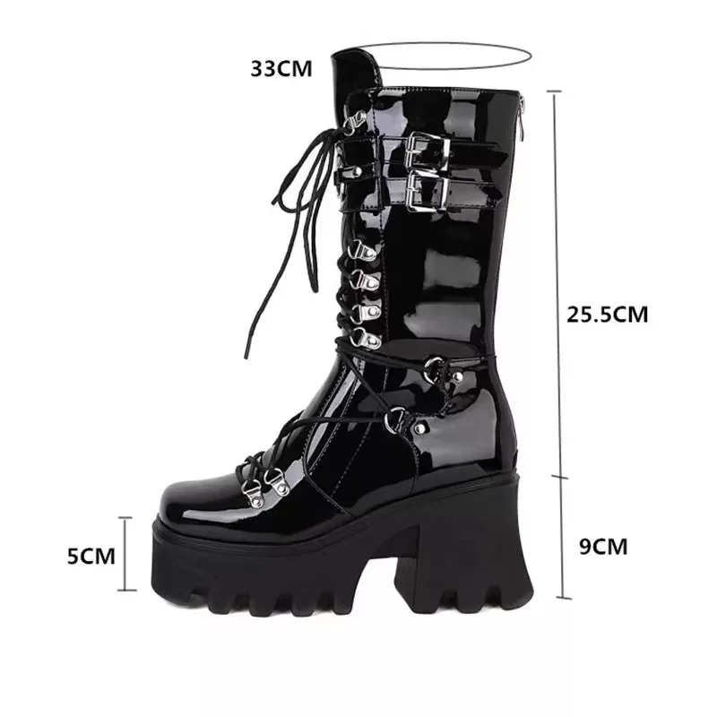 Chunky Platform Leather Medium Boots Women\'s Retro Punk Height Increasing Gothic Punk Knight Boots Ladies Lace Up Booties Winter