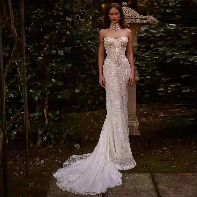 Oine Customized 2026 Wedding Dresses Luxury Bridal Gowns Lace with Removable Train Bride Dresses Pearls Wedding Gowns Back Out