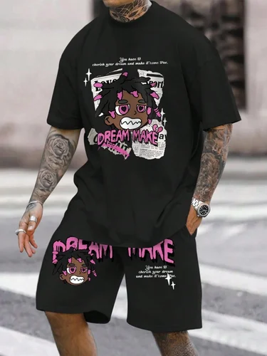 Imagen 2 del producto 2025 traje de 2 uds con estampado de oso de dibujos animados para hombre, cuello redondo, manga corta, tendencia urbana urbana, Top para hombre, pantalones cortos con cordón para exteriores