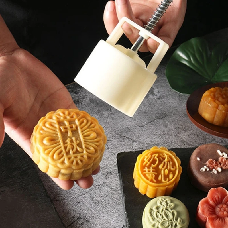 Various Shapes Mooncake Press Molds Mid-Autumn Festival Mooncake Mold Set Moon Cake Mold with Reusable Stamps (White)