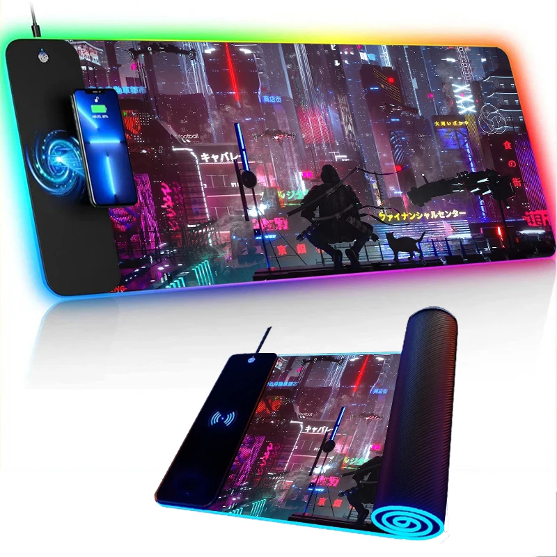 Wireless Charging Gamer Rug RGB Computer Mat Cyberpunk Gaming Mats Neon Lights Mause Ped Mouse Pad 900x400 Long Table Pads Mous