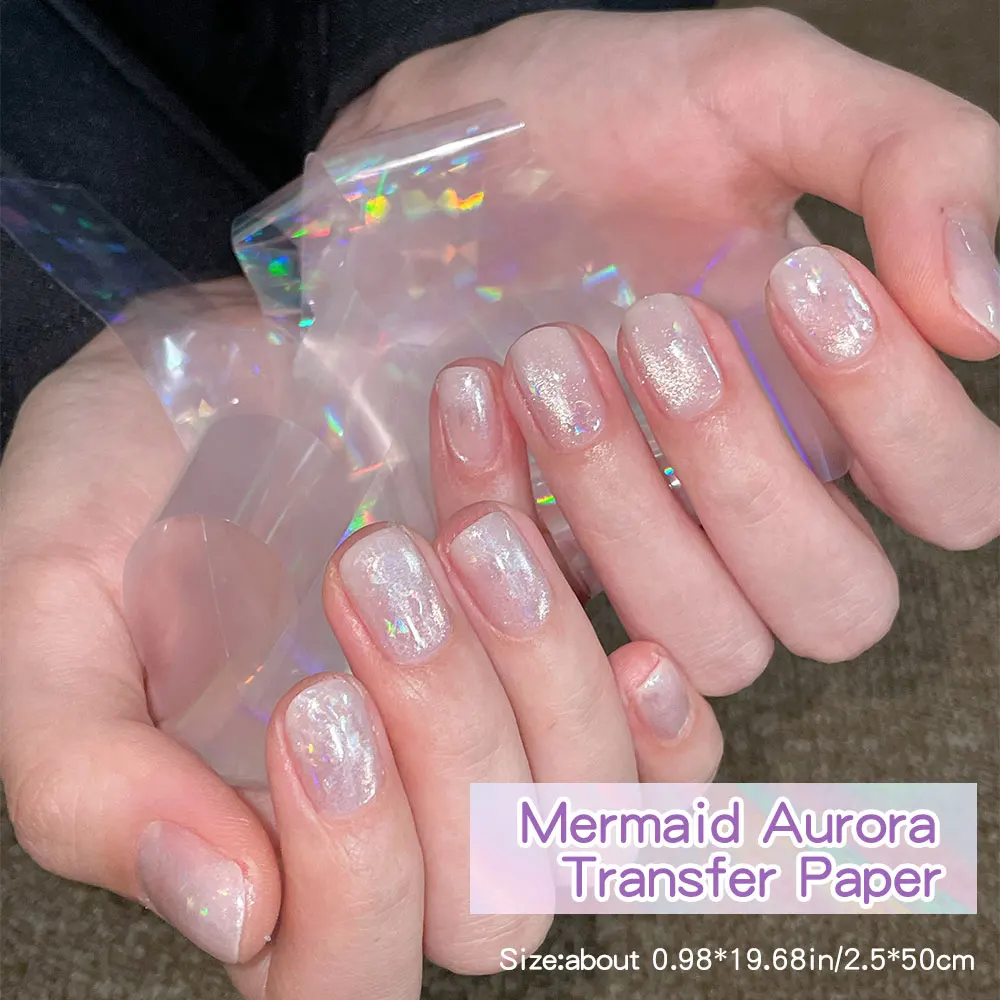 10 롤 무지개 빛깔의 인어 오로라 네일 전송 용지 50x4cm 네일 아트 호일 접착제 네일 아트 장식 DIY 네일 용품