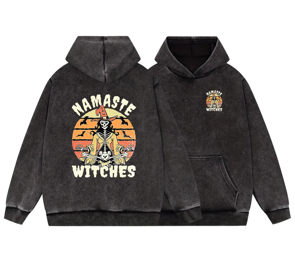 

Namaste Witches Men Vintage Washed Cotton Hoody Autumn Soft Pullover Simple Warm Hoodies Street Oversize Five colors