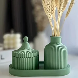 3pcs Round Striped Organizer with Lid Striped Vase and Oval Tray Silicone Mold DIY Plaster Concrete Jewelry Organizer