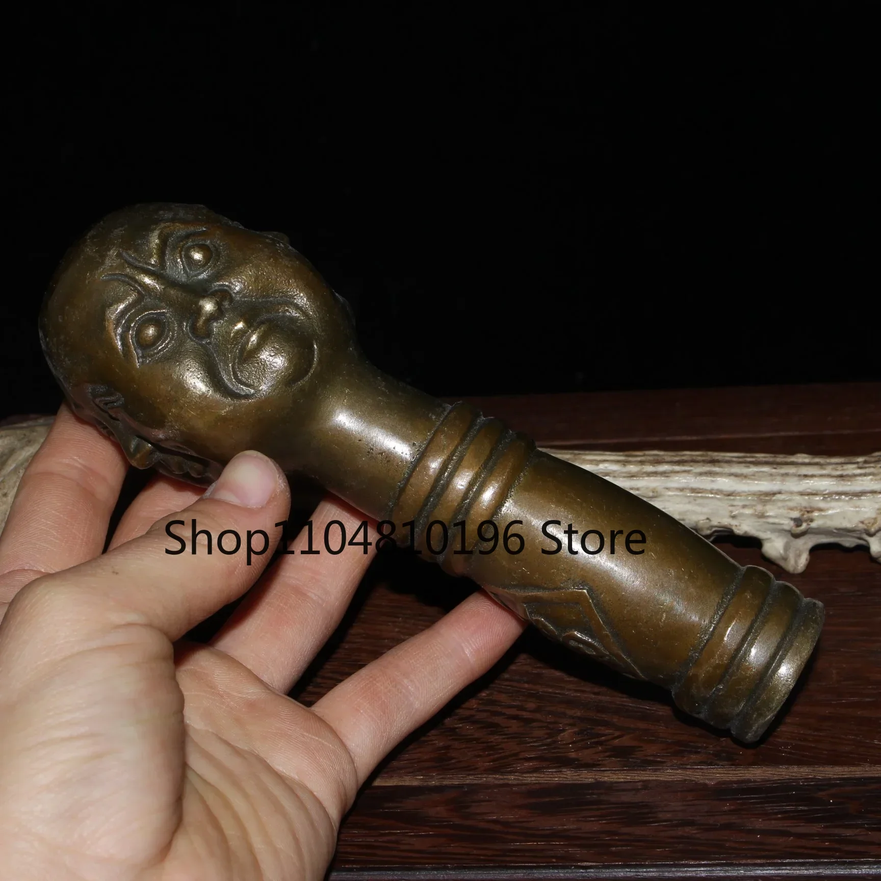 Brass Four-Face Buddha Head Walking Stick Cane Handle Top Topper