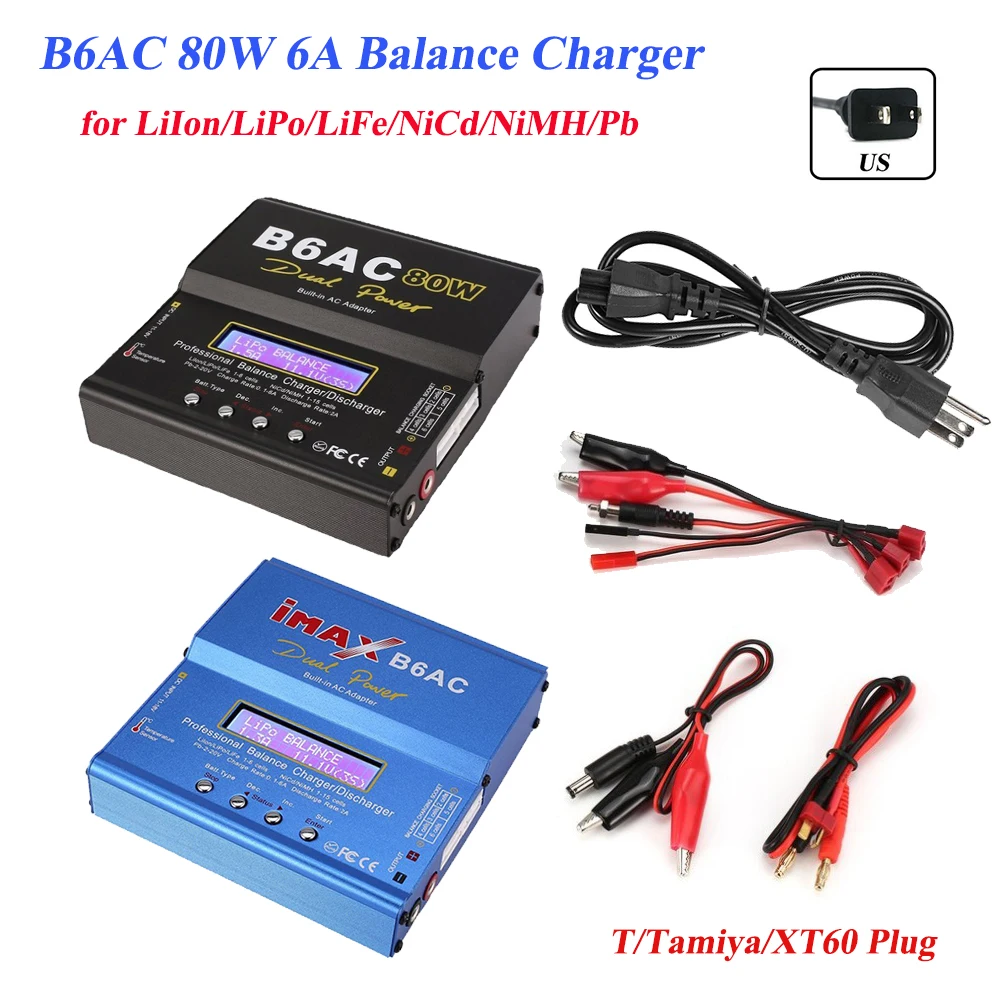 

RC B6AC 80W 6A AC/DC Balance Charger Lipo NiMh Li-ion Ni-Cd Battery Discharger T/Tamiya/XT60 Plug for Car Helicopter Drone Plane