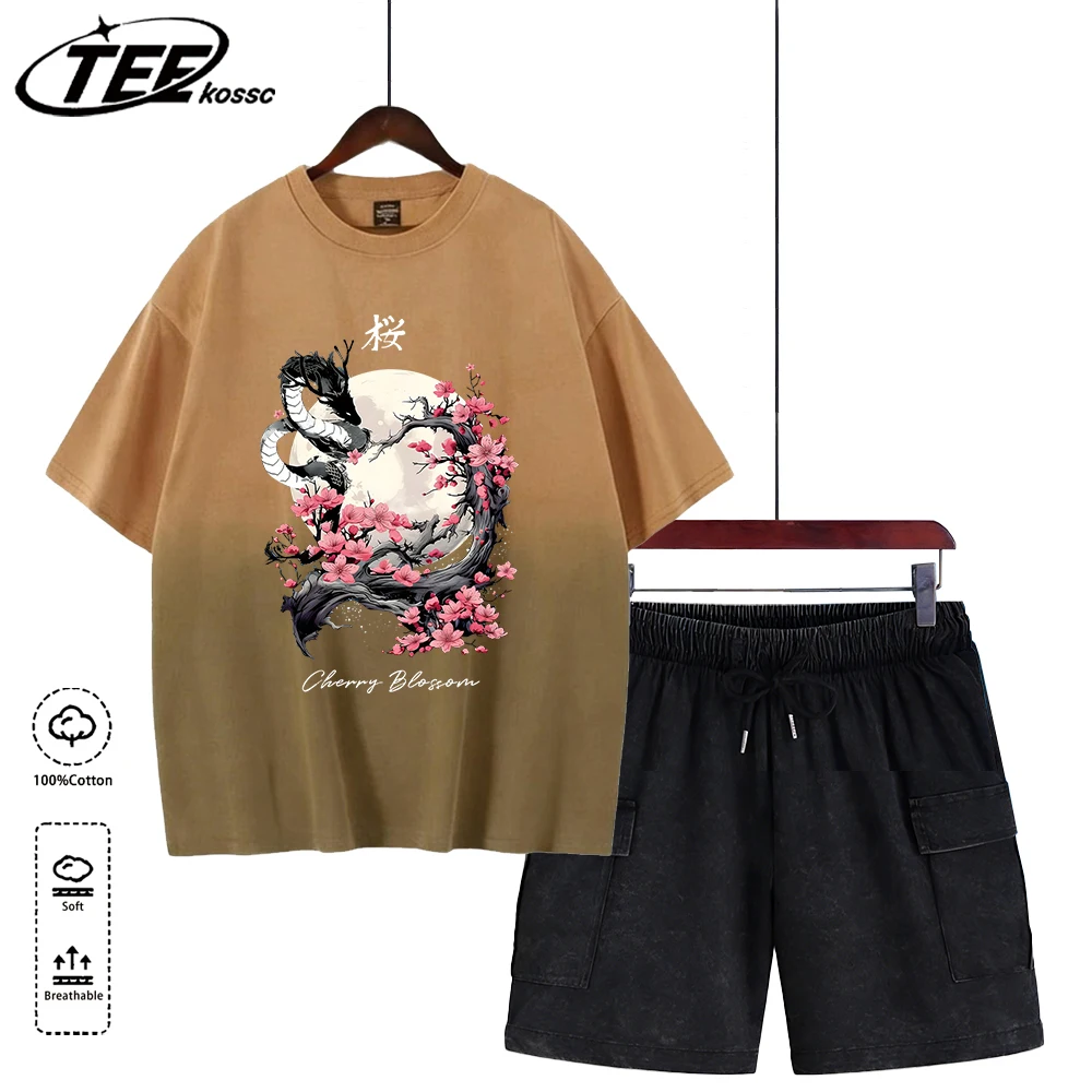 

Футболки с принтами вишневого цвета, луны и дракона, мужские хлопковые повседневные футболки, свободные летние шорты, мягкие дышащие футболки с короткими рукавами