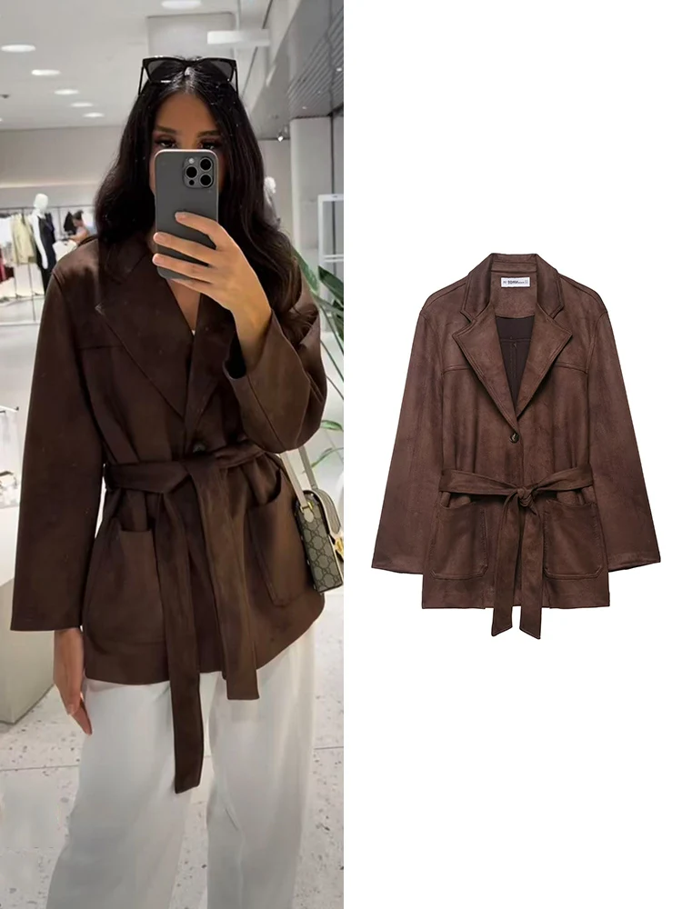 

Woman's Suede Jacket With Belt 2025 Autumn Maillard Color Single Breasted Bowknot Belt Mid-length Coat Femme Elegant Warm Coat