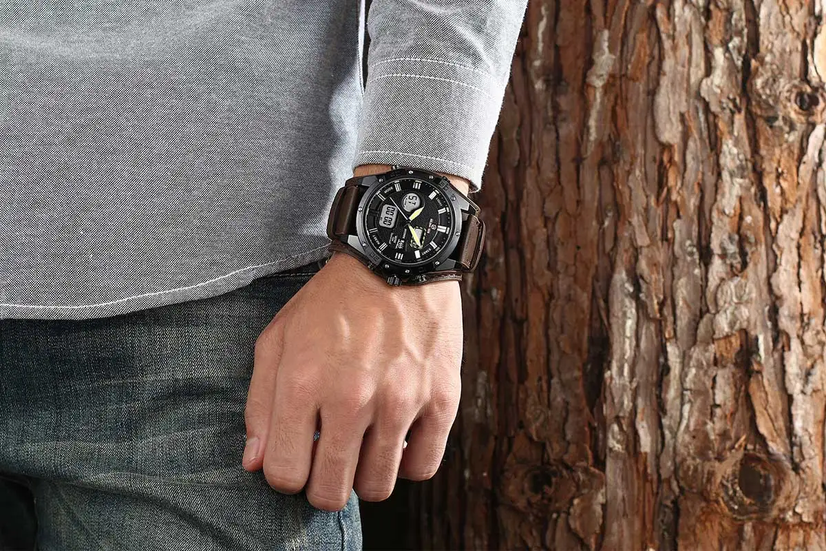 GOLDENHOUR Silver Luxury Men Watch LED Luminous Week Date Dual Time Alarm Digital Quartz Wristwatch Business Sport Casual Reloj